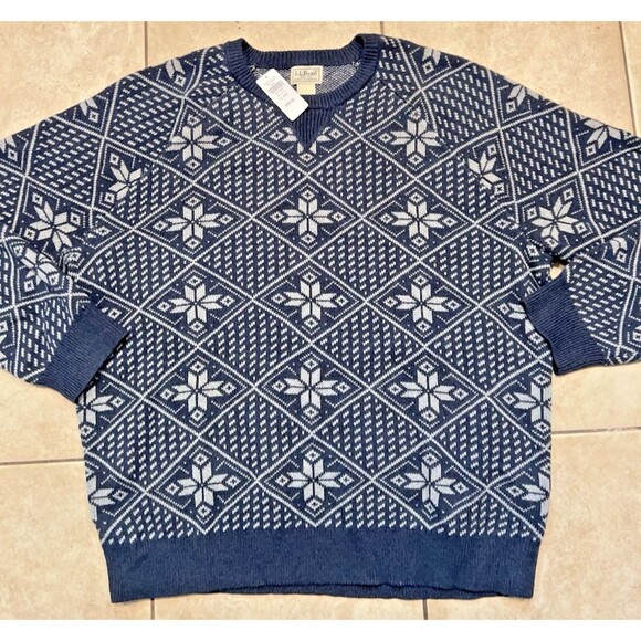 LL Bean Sweater Mens XL Blue Wicked Soft Cotton Cashmere Crewneck Snowflakes NWT - Picture 1 of 8